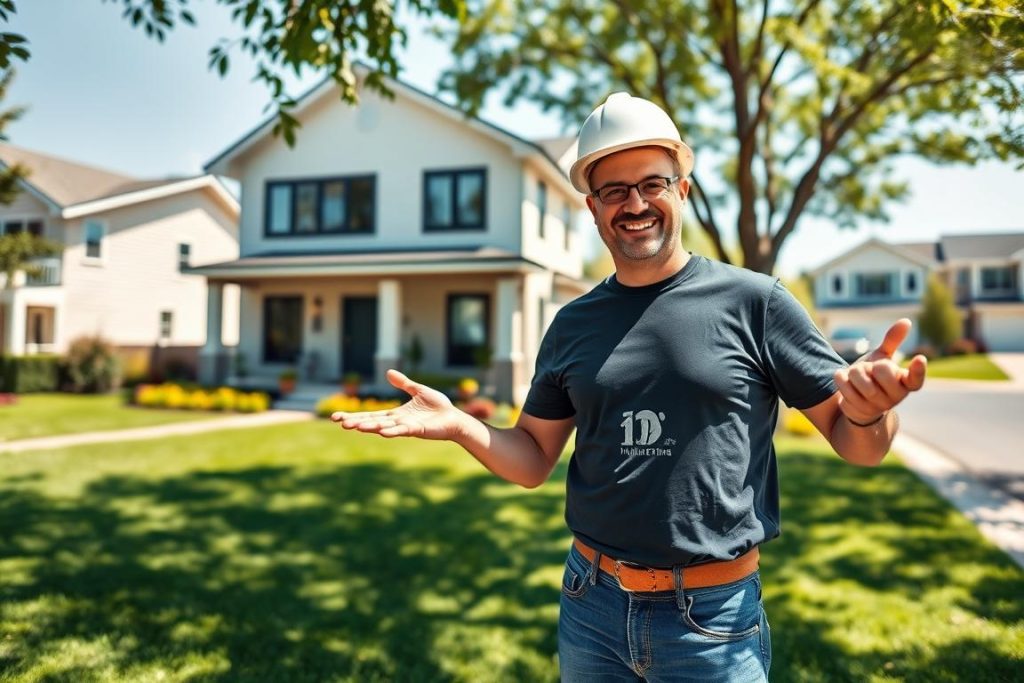 A sunny, well-lit residential neighborhood with a well-manicured lawn and vibrant gardens. In the foreground, a smiling, middle-aged general contractor stands proudly in front of a modern, two-story house. He is wearing a hardhat, jeans, and a branded "1BuilderMedia Marketing" t-shirt, indicating his expertise in home improvement and marketing. The contractor is gesturing towards the house, showcasing its features and highlighting its curb appeal. In the background, other similar homes line the street, creating a sense of a thriving, desirable community. The overall mood is one of pride, professionalism, and the potential for increased property value through effective marketing and home upgrades.