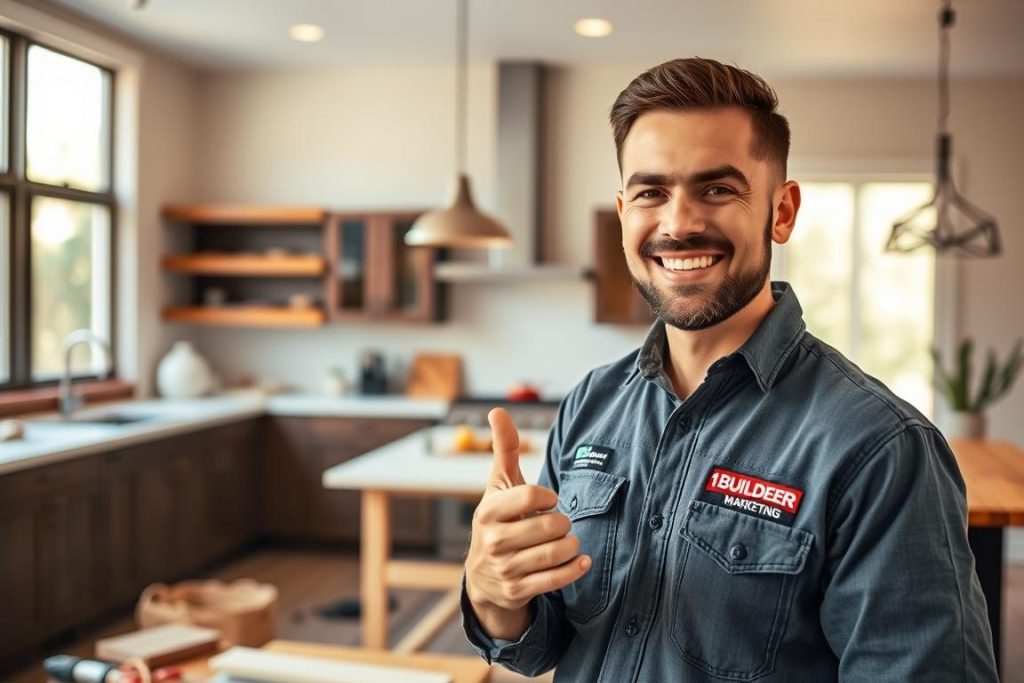 A vibrant Instagram Reel showcasing a skilled general contractor expertly remodeling a modern kitchen. The foreground features the contractor smiling and gesturing as they work, wearing a 1BuilderMedia Marketing branded work shirt. The middle ground shows the remodeling process in action, with tools, materials, and a partially completed kitchen visible. The background depicts a warm, inviting home interior with natural lighting filtering through large windows. The scene conveys a sense of professionalism, creativity, and the contractor's passion for their craft. The overall mood is upbeat and inspirational, inviting viewers to imagine the potential of their own remodeling projects.