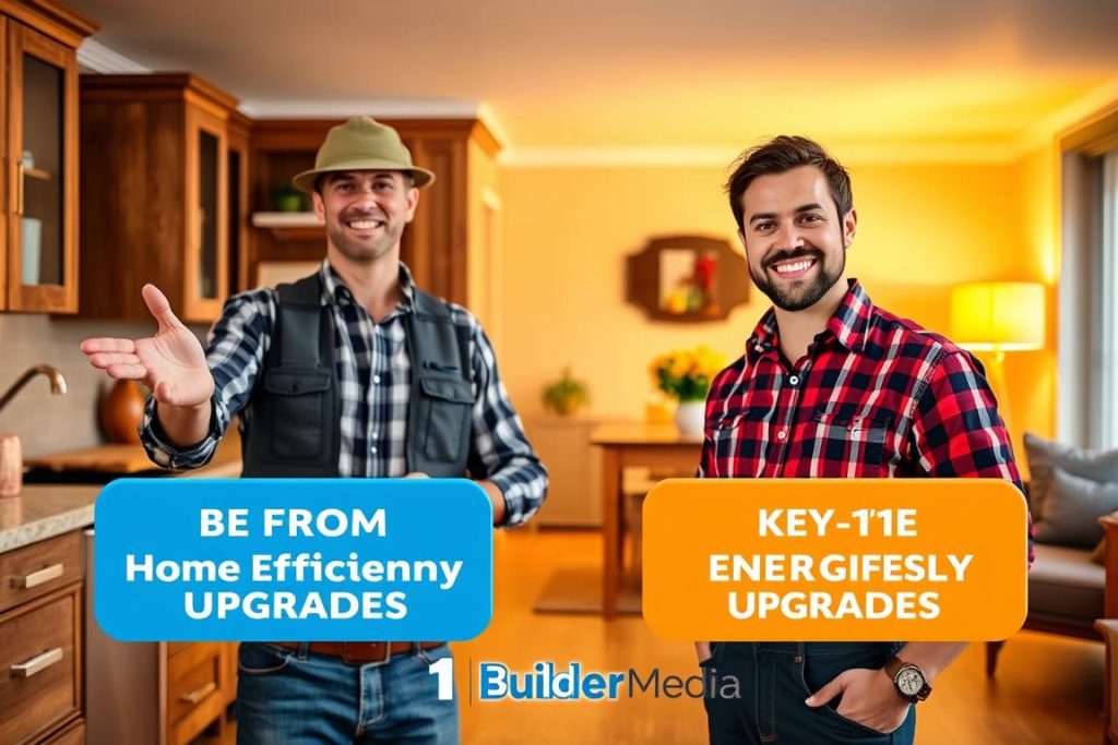 A vibrant and dynamic image showcasing effective calls to action. In the foreground, a friendly and approachable general contractor stands in a well-lit, modern kitchen, gesturing enthusiastically towards the viewer. The middle ground features prominently displayed, visually striking call-to-action buttons highlighting key home efficiency upgrades. The background showcases a warm, inviting living space, reflecting the cozy and inviting atmosphere of a comfortable, energy-efficient home. The overall scene conveys a sense of professionalism and trustworthiness, with the "1BuilderMedia Marketing" brand prominently displayed. The lighting is soft and natural, creating a welcoming and approachable ambiance.