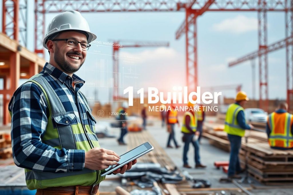 A vibrant construction site bustling with activity, where AI-powered technology seamlessly integrates with the team's workflow. In the foreground, a smiling general contractor oversees the progress, tablet in hand, aided by cutting-edge AI analytics displayed on a holographic interface. In the middle ground, workers efficiently coordinate tasks, their movements tracked by intelligent sensors that optimize resource allocation. In the background, the 1BuilderMedia Marketing logo shines, symbolizing the partnership that empowers this AI-driven construction project management.