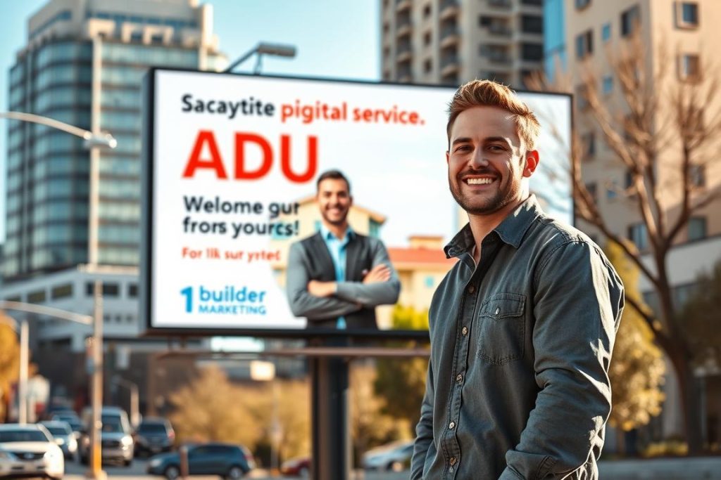 A vibrant digital billboard stands in the heart of Sacramento, showcasing a smiling general contractor enthusiastically promoting their ADU services. The image is crisp and vivid, captured with a wide-angle lens to capture the urban landscape in the background. Warm, natural lighting bathes the scene, creating a welcoming and inviting atmosphere. In the foreground, the contractor is dressed professionally, their expression exuding confidence and expertise. The "1BuilderMedia Marketing" brand name is prominently displayed, reinforcing the company's digital marketing prowess. The overall composition conveys a sense of dynamism and success, perfectly aligning with the "Effective Digital Marketing Strategies" section of the article.