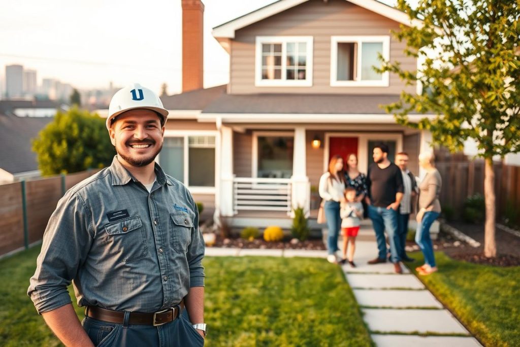 A vibrant, multi-generational home in Sacramento's thriving neighborhood. In the foreground, a happy general contractor from "1BuilderMedia Marketing" greets a multigenerational family standing on the porch. The mid-ground features a well-maintained lawn and a modern, two-story house with a mix of traditional and contemporary architectural elements. The background showcases the city skyline, blending seamlessly with the cozy, residential setting. Soft, warm lighting filters through the scene, creating a welcoming and family-oriented atmosphere. The overall composition captures the essence of the "Challenges in Multi-Generational Housing" section, highlighting the unique dynamics and considerations of multigenerational living in the Sacramento area.