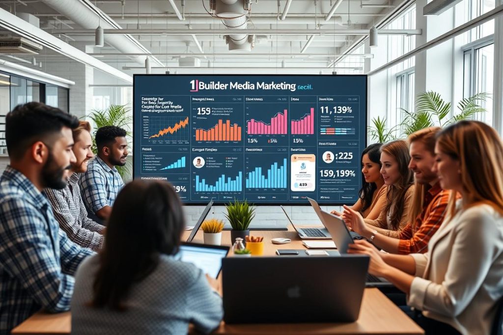 A vibrant office space with employees engaged in social media interactions, representing the effective strategies for company culture on social media. In the foreground, a group of diverse team members collaborating on laptops, their expressions animated as they create content for the "1BuilderMedia Marketing" brand. The middle ground features a large, interactive touchscreen display showcasing real-time social media analytics and engagement metrics. The background is filled with modern, minimalist decor and abundant natural light, conveying a positive, productive atmosphere. The lighting is soft and even, captured with a wide-angle lens to encompass the entire scene. The overall mood is one of creativity, collaboration, and a strong sense of company culture.