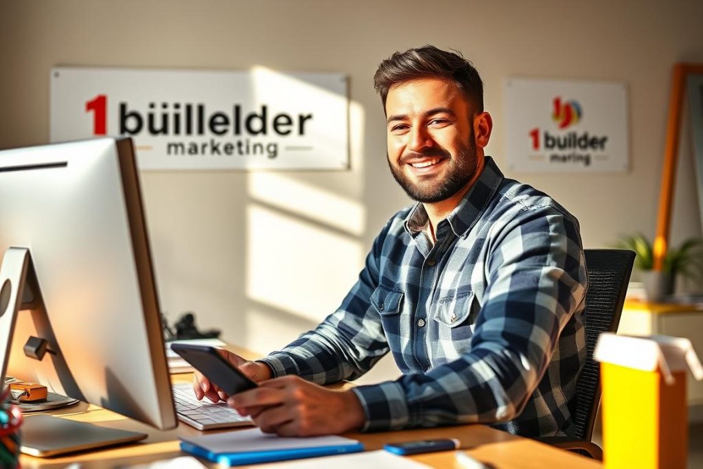 A vibrant, realistic image of a general contractor engaged in a social media strategy session. The contractor, depicted with a friendly, upbeat expression, is sitting at a desk surrounded by a desktop computer, smartphone, and other office supplies. The lighting is natural, creating a warm and inviting atmosphere. In the background, a "1BuilderMedia Marketing" logo is visible, indicating the contractor's use of a professional social media marketing service. The overall scene conveys the contractor's dedication to crafting an effective social media strategy to drive their business forward.