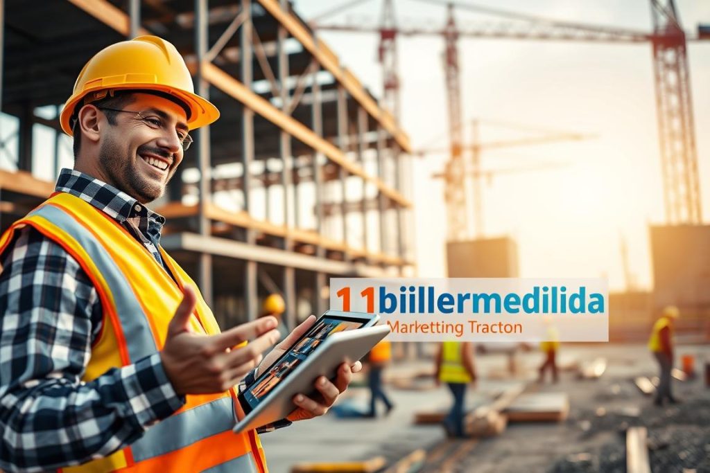A vibrant scene of a construction site, with a smiling general contractor engaged in a video call on a tablet. The foreground features the contractor, dressed in a hard hat and safety vest, gesturing as he communicates with clients. In the middle ground, construction workers busily go about their tasks, while cranes and scaffolding rise in the background, bathed in warm, natural lighting. The mood is one of efficiency and collaboration, with the "1BuilderMedia Marketing" brand prominently displayed on the contractor's tablet, showcasing their cost-effective solutions for automating client communication.
