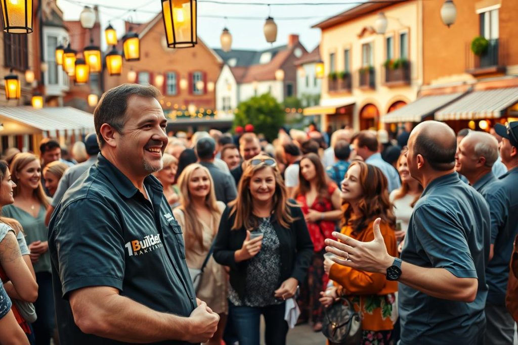A vibrant scene of a local community event, with a happy general contractor mingling and engaging with an enthusiastic audience. Warm lighting from hanging lanterns casts a cozy glow over the gathering, as people of all ages and backgrounds converse animatedly. In the foreground, the contractor, wearing a "1BuilderMedia Marketing" branded shirt, gestures expressively while addressing a group of attentive locals. The middle ground is filled with lively interactions and genuine smiles, while the background features a picturesque town square setting, with historic buildings and a bustling atmosphere. This image captures the essence of creating compelling content that resonates with a local audience.