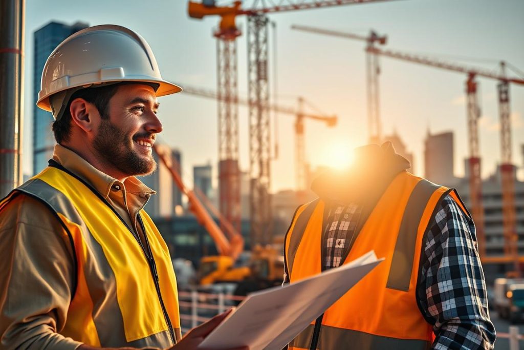 A vibrant, well-lit construction site showcasing the expertise of 1BuilderMedia Marketing. In the foreground, a smiling general contractor reviews plans, their hard hat and safety vest reflecting the sun's rays. The middle ground features heavy machinery at work, cranes and scaffolding against a backdrop of a modern cityscape. Warm, golden lighting creates a sense of productivity and progress, while the overall composition conveys the company's deep understanding of construction marketing strategies and techniques. The scene radiates a professional, competent, and trustworthy atmosphere.