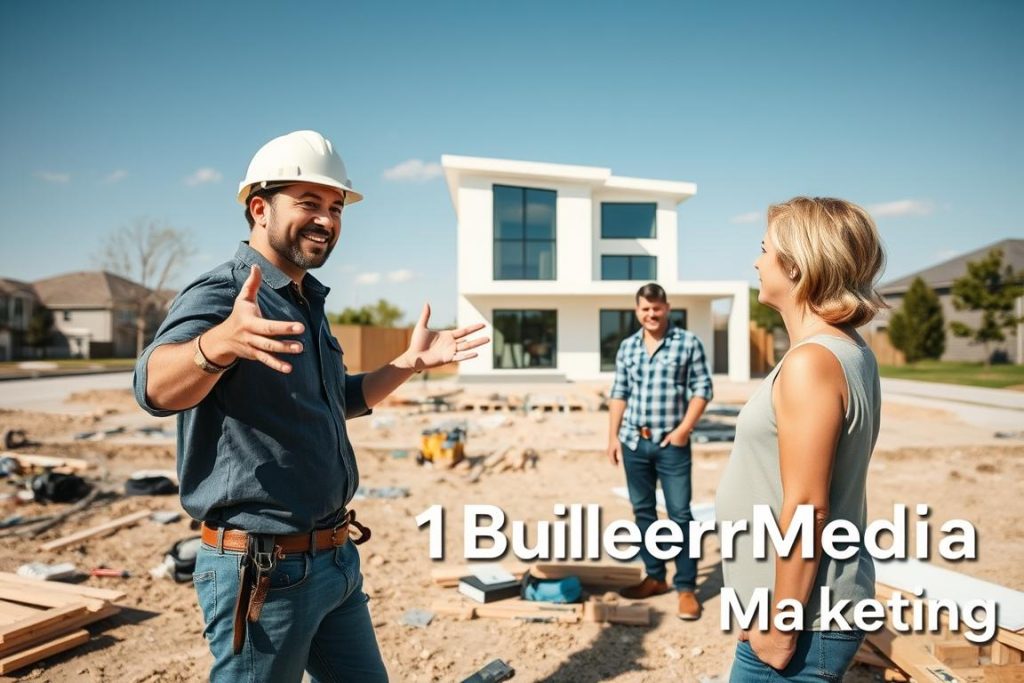 A warm, sunny day at a modern, minimalist home construction site. In the foreground, a friendly, hardhat-wearing general contractor gestures enthusiastically, discussing plans with a prospective client. Scattered around them, various building materials and tools suggest an active project. In the middle ground, a sleek, two-story house takes shape, its clean lines and large windows reflecting the bright sky. In the background, a serene suburban neighborhood provides a peaceful setting. The overall mood is one of progress, professionalism, and the excitement of a new home build. The brand "1BuilderMedia Marketing" is subtly integrated into the scene.