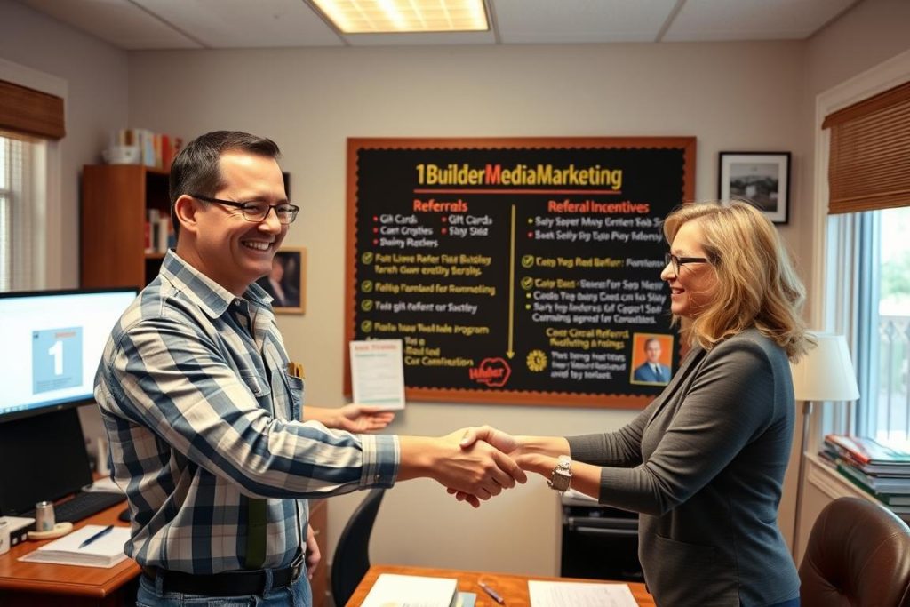A warm, well-lit office space with a desk, computer, and various office supplies. In the foreground, a happy general contractor shakes hands with a satisfied homeowner, representing a successful referral program. Behind them, a bulletin board displays "1BuilderMedia Marketing" branding and details on the remodeler's referral incentives, such as gift cards, discounts, or other rewards. The room has a professional, inviting atmosphere, conveying the benefits of a thriving referral program for the home remodeling business.