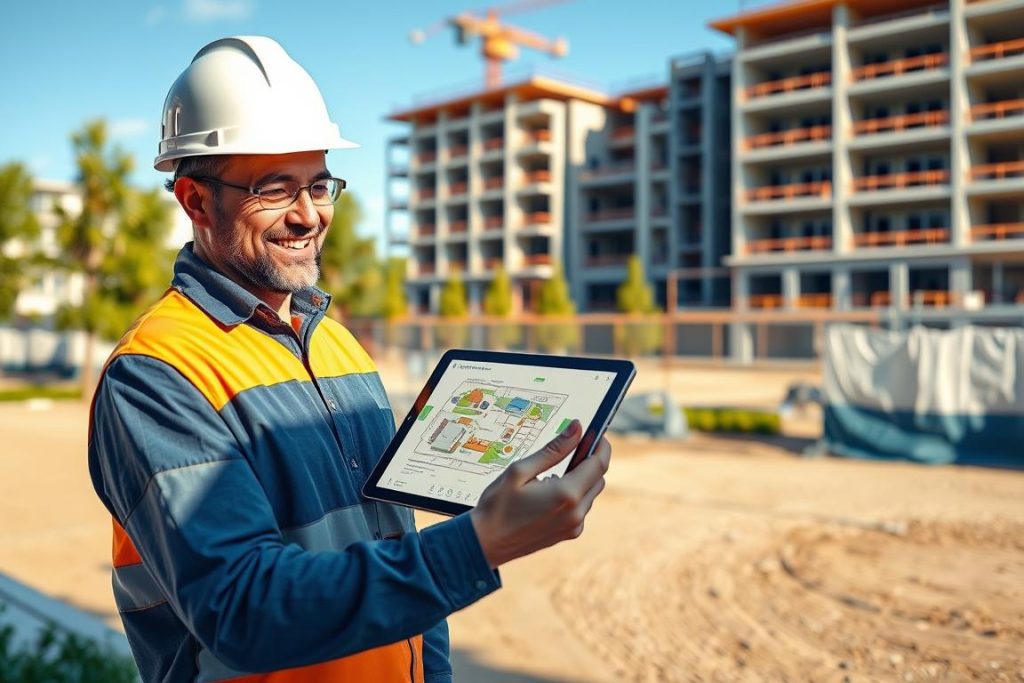 A well-lit, realistic digital rendering of a construction site with a happy, middle-aged general contractor utilizing an intuitive AI-driven site planning tool on a tablet. In the foreground, the contractor is standing in a nicely landscaped outdoor space, examining the tool's interactive 3D model of the site. In the middle ground, the site plan is displayed on the tablet's screen, showcasing the layout of buildings, utilities, and other infrastructure. The background features a modern, multi-story building under construction. The scene has a warm, inviting atmosphere, highlighting how "1BuilderMedia Marketing" AI tools can empower contractors to efficiently plan and visualize their projects.