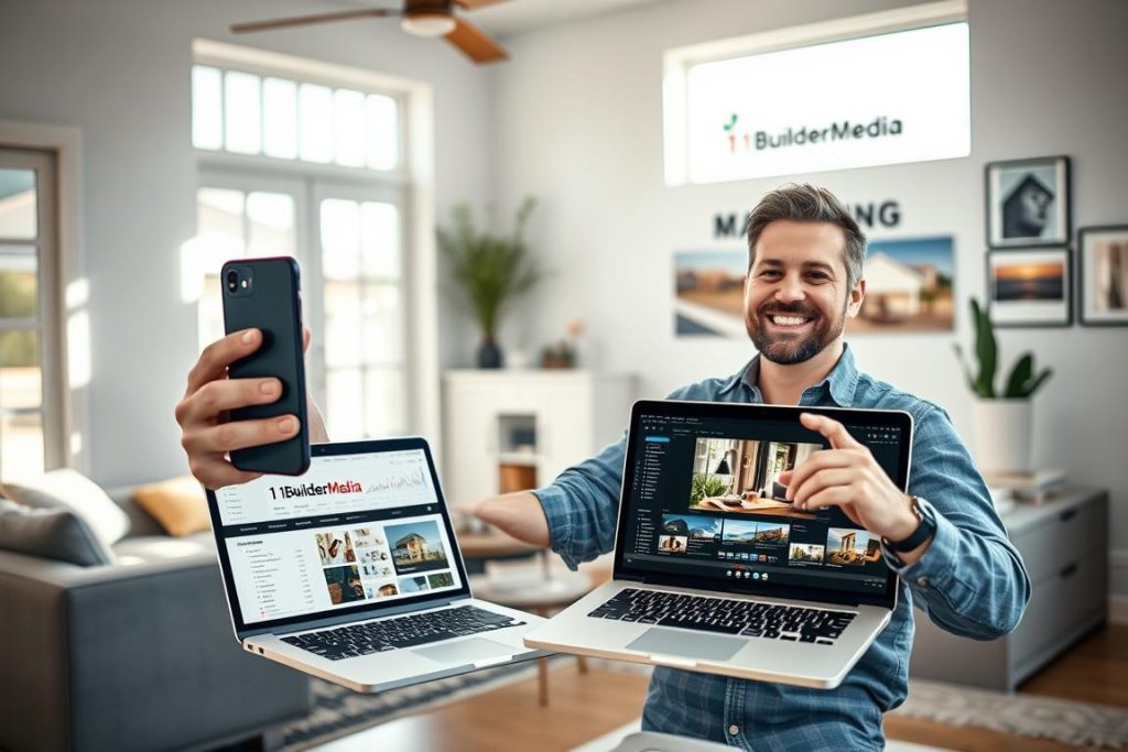 A well-lit, realistic scene of a home improvement business owner enthusiastically creating TikTok content. In the foreground, a smiling general contractor holding a smartphone, framed by a cozy, modern home office with sleek furniture and natural light streaming through large windows. In the middle ground, a laptop displays analytics and video editing tools, reflecting the business owner's digital marketing strategy. The background features a wall displaying the "1BuilderMedia Marketing" brand name, along with inspirational home renovation images. The overall atmosphere conveys a sense of professionalism, creativity, and a savvy approach to leveraging TikTok for the home improvement industry.