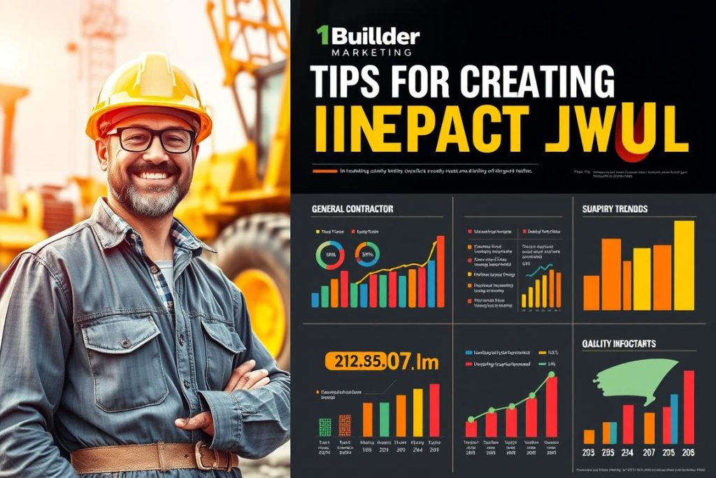An impactful construction industry infographic with a happy general contractor, high-quality equipment, and the "1BuilderMedia Marketing" brand prominently displayed. A vibrant, dynamic scene with detailed machinery, workers in hard hats, and colorful charts and graphs showcasing key industry statistics and trends. The image should have a warm, optimistic tone, capturing the progress and innovation driving the construction sector. Utilize a wide-angle lens to create a sense of depth and scale, with crisp, realistic lighting that emphasizes the subject's three-dimensional forms. The overall composition should be visually striking and engaging, designed to captivate the viewer and effectively illustrate the "Tips for Creating Impactful Visuals" section.