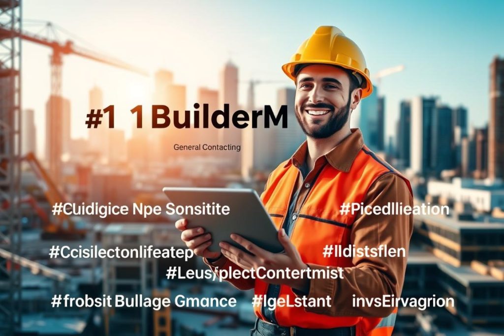 An urban construction site with heavy machinery and scaffolding in the foreground, surrounded by a vibrant city skyline in the background. A friendly, hard-hat-wearing general contractor in the middle ground, holding a tablet and smiling as they review construction plans. Warm, natural lighting illuminates the scene, casting subtle shadows. The text "1BuilderMedia Marketing" is displayed prominently on the contractor's tablet. Overlaid are various construction-related hashtags, such as #ConstructionLife, #BuildingTheFuture, #ContractorCommunity, #ProjectManagement, and #IndustryInnovation, creating an engaging and informative visual for the article.