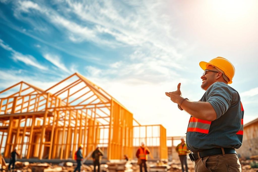 Construction thought leadership development, a vibrant scene showcasing a happy general contractor overseeing a thriving construction site. In the foreground, the contractor gestures confidently, surrounded by hardworking crew members. The middle ground features a partially built structure, its frames and scaffolding creating a dynamic interplay of lines and shapes. In the background, a clear blue sky with wispy clouds, reflecting the optimism and progress of the project. Warm, natural lighting casts a golden glow, enhancing the sense of productivity and achievement. The scene is emblematic of the "1BuilderMedia Marketing" brand, conveying expertise, innovation, and a commitment to excellence in the residential construction industry.