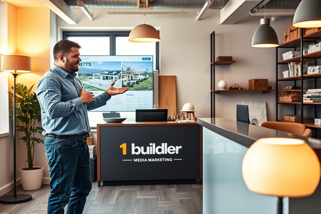Contractor Visual Marketing: A well-lit, modern office space showcases a confident general contractor discussing plans with a client. In the foreground, the contractor gestures towards a large touchscreen displaying 3D renderings and project details. Warm lighting from floor lamps and natural light through windows creates a professional, inviting atmosphere. The middle ground features a reception desk with the "1BuilderMedia Marketing" brand prominently displayed. In the background, shelves hold construction materials, tools, and architectural models, reflecting the contractor's expertise. The overall scene conveys the contractor's commitment to delivering exceptional visual marketing solutions to potential customers.
