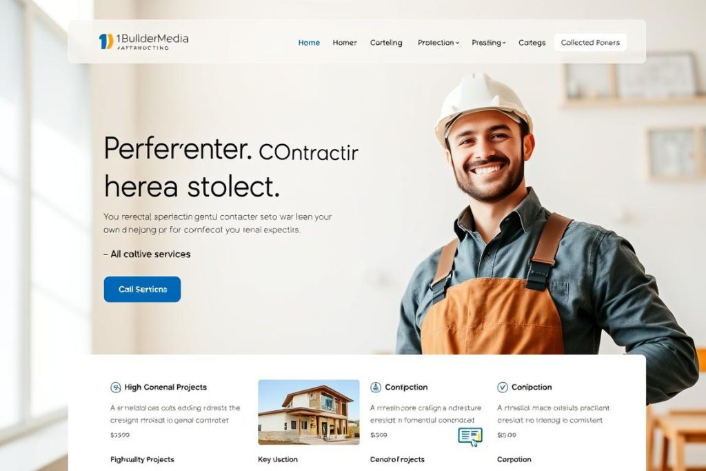 Prompt A sleek, modern website design with a warm, inviting aesthetic showcasing the expertise of a professional general contractor. The homepage features a hero section with a happy, hardworking contractor in the foreground, overseen by a well-organized layout of key services and a prominent call-to-action. The middle ground displays a portfolio of completed projects, each with high-quality imagery and concise descriptions. In the background, a clean, minimalist design with subtle textures and an earthy color palette evokes a sense of professionalism and reliability. Subtle branding elements, including the "1BuilderMedia Marketing" logo, are tastefully integrated throughout. Lighting is natural and slightly directional, creating depth and dimension. The overall composition conveys the contractor's commitment to craftsmanship, attention to detail, and dedication to client satisfaction.